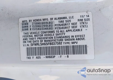 2015 Honda Odyssey Ex-L from USA, damaged, VIN 5FNRL5H65FB037592